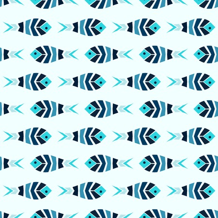 A flock of blue fish mosaic seamless pattern. Natural vector background in ancient styleのイラスト素材