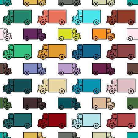 Retro toy trucks seamless pattern. Colored vector background with yellow green blue red orange carのイラスト素材