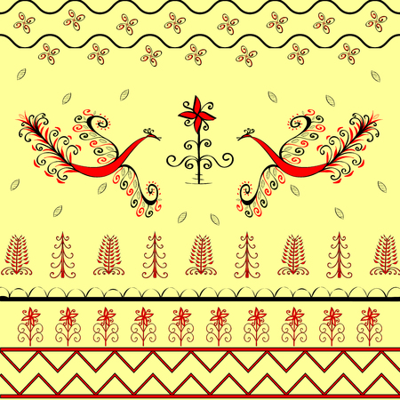 Fabulous red ethnic peacock bird ornament.のイラスト素材