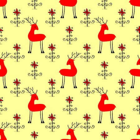 Red Christmas deer among flowers seamless vector pattern backgroundのイラスト素材