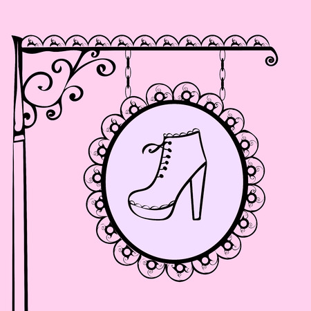 Repair and sell shoes retro vintage sign. Street pole advertising silhouette shoes with heelsのイラスト素材