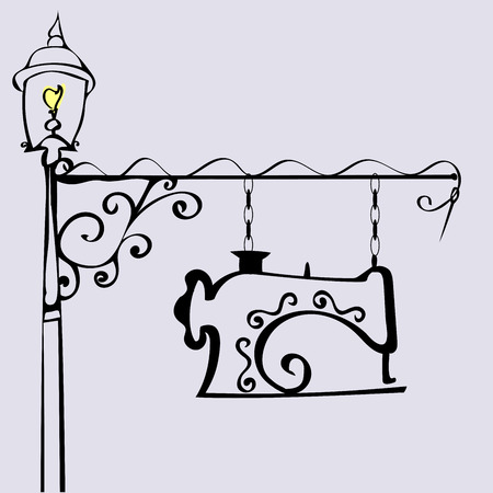 Sewing workshop sign Atelier tailoring. Retro vintage outdoor advertising. Sewing machine. Fashion and apparelのイラスト素材