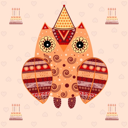 Cute owl with ethnic ornament birthday. Animal bird symbol of wisdom. Funny owl. Vector owl. Bird of prey owl.のイラスト素材