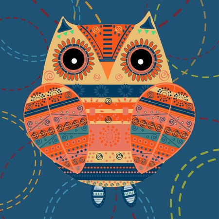 Cute owl with ethnic ornament. Animal bird symbol of wisdom. Funny owl. Vector owl. Bird of prey owl.のイラスト素材