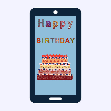 Happy birthday cake greetings smartphone. Holidays and celebrationsのイラスト素材