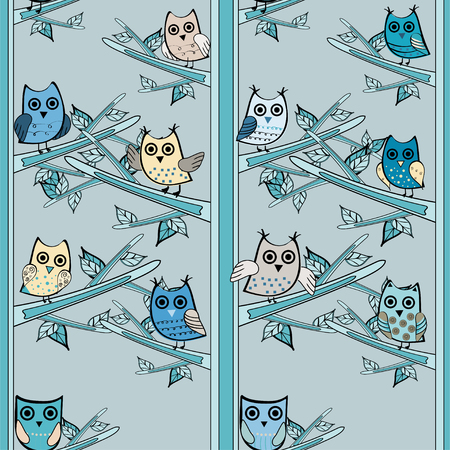 Owl on a tree branch vertical vector seamless pattern. Vector owl. Animals and bird owl. Forest natureのイラスト素材