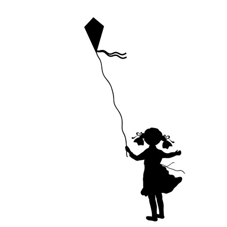 Silhouette girl flying kite summer. Vector illustrationの写真素材