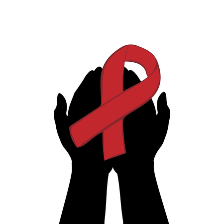 Hands hold with red ribbon in her hand.のイラスト素材