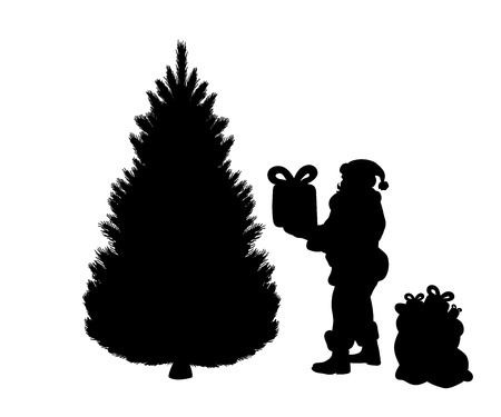 Silhouette Santa puts gifts under tree. Vector illustrationのイラスト素材