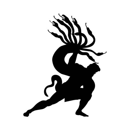 Heracles fights Hydra silhouette ancient mythology fantasy. Vector illustration.のイラスト素材