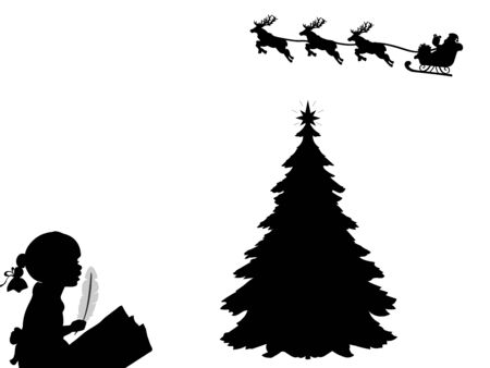 Silhouette child writes letter to Santa. Happy Merry Christmasのイラスト素材