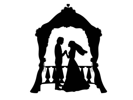 Silhouettes of groom and bride holding hands and standing under an arch.のイラスト素材