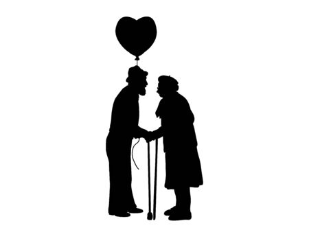 Silhouettes of Grandpa gives airy heart to Grandma. Illustration graphics iconのイラスト素材