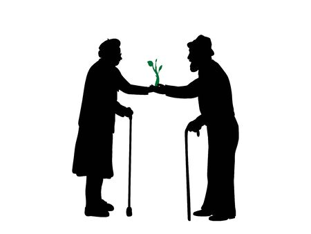 Silhouettes of grandparents hold a sprout. Illustration graphics iconのイラスト素材