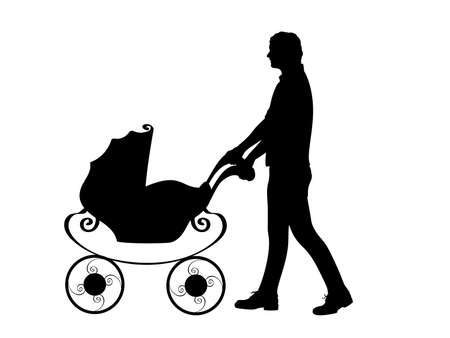 Silhouette father male pushing baby strollerのイラスト素材