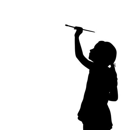 Silhouette little girl with brush draws blank space on white backgroundのイラスト素材