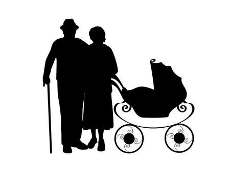 Silhouette of grandparents with baby strollerのイラスト素材