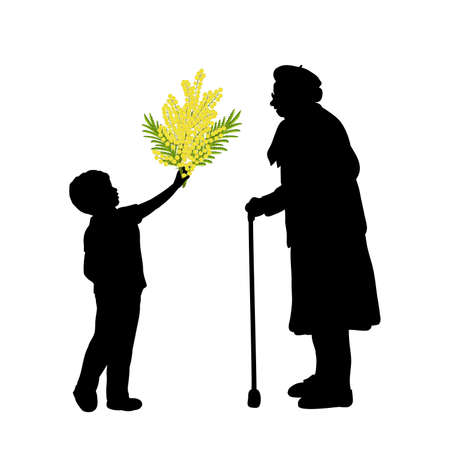 Silhouette little boy gives grandmother flowers.のイラスト素材