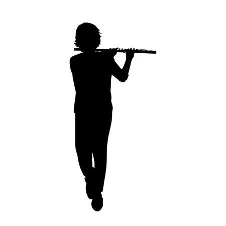 Silhouette teenage boy playing flute.のイラスト素材