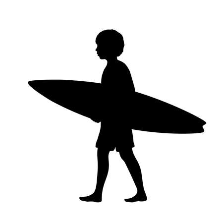 Silhouette of boy walking with Surf Board sidewaysのイラスト素材