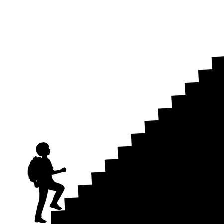 Silhouette school boy with backpack climbs the stairs to the topのイラスト素材
