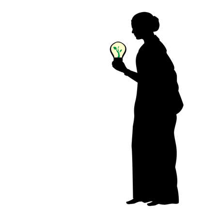 Silhouette Indian woman holds lamp sprout. Energy Saving Day.のイラスト素材