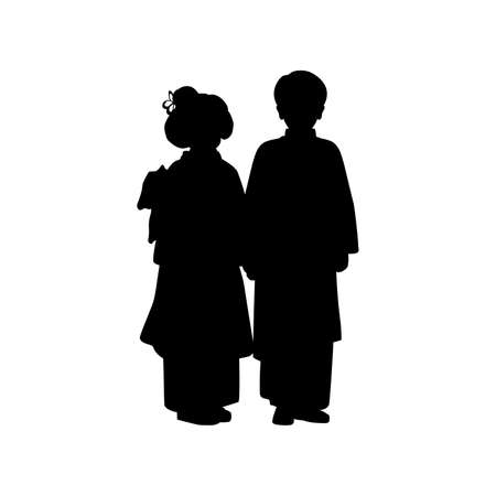Silhouette of boy and girl in national asian costume.のイラスト素材
