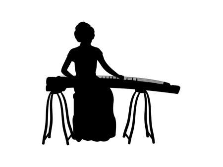 Silhouette of girl playing a stringed musical instrument of east asia.のイラスト素材