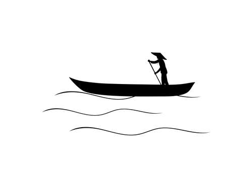 Silhouette asian man sailing in boat.のイラスト素材