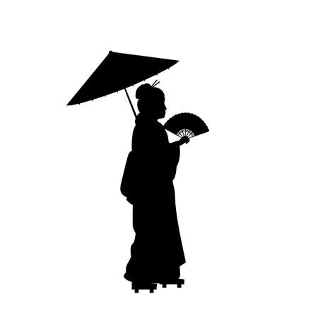Silhouette of woman in national Asian costume with fan and umbrella.のイラスト素材
