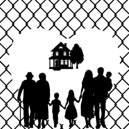 Silhouette family are migrating through barbed wire fence. International migrants day.のイラスト素材