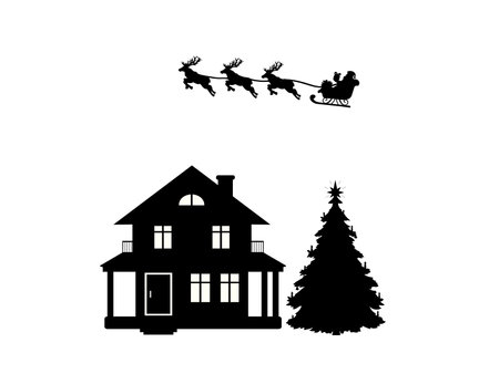 Silhouette of Santa in sleigh flying over the house. Symbol Happy Merry Christmas.のイラスト素材