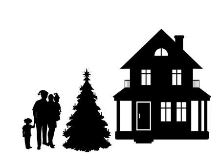 Family of silhouettes at home with christmas tree. Happy New Year.のイラスト素材