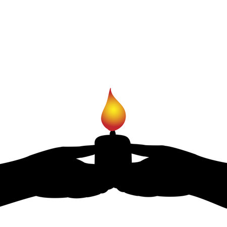 Silhouettes of hands holding burning candle.のイラスト素材