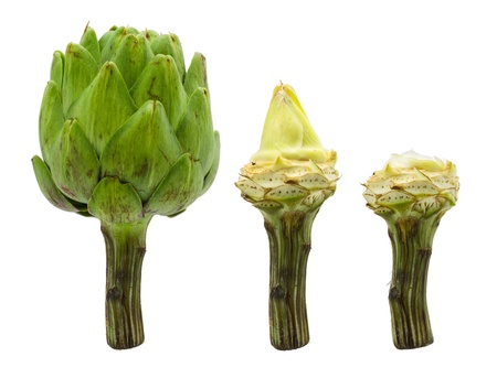 An artichoke, An artichoke heart, and an artichoke stem in a row.の写真素材