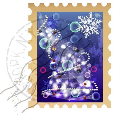 Clip-art Christmas postage stamp with Christmas treeのイラスト素材