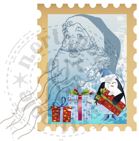 Holiday postage stamp clip-art with Santa Claus, gifts and penguinのイラスト素材