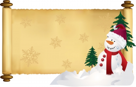 Vector holiday scroll banner with fir trees and snowmanのイラスト素材