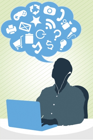 Digitally generated image of a businessman using laptop and looking at thought bubble のイラスト素材