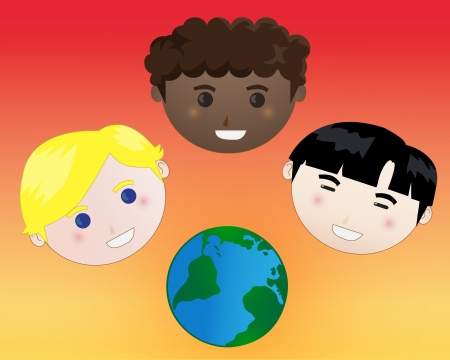 Vector illustration of happy diverse children with globeの写真素材