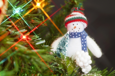 Hanging snowman on a Christmas treeの写真素材