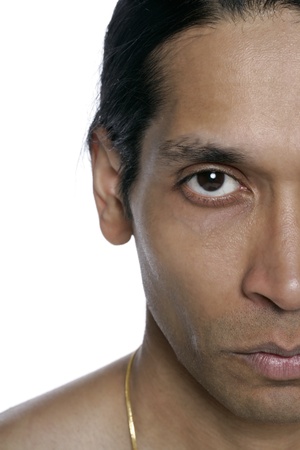 Image of half face of a man against white backgroundの写真素材