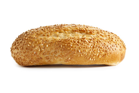 Close up image of bread with sesame seeds against white background