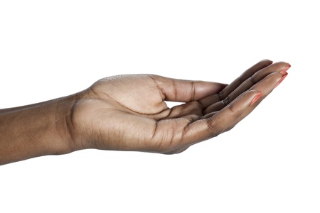 Closeup begging hand of an African woman over a white backgroundの写真素材