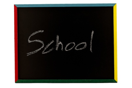 Blackboard with colorfull edges were school is writtenの写真素材
