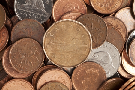 Macro image of a pile of Canadian coinsの写真素材