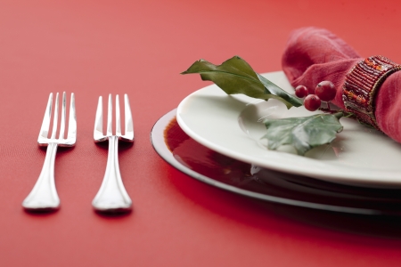 Close-up shot of table setting with fork, plate, berries and napkinの写真素材