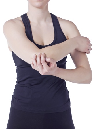 Image of woman holding her elbow against white backgroundの写真素材