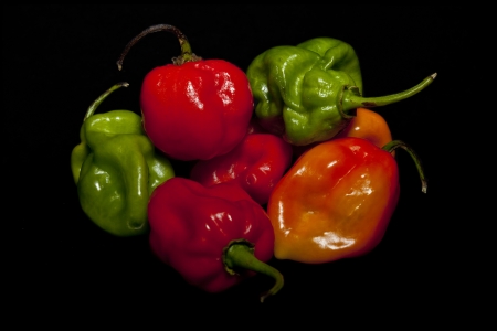 Bunch of assorted bell peppers over a black backgroundの写真素材