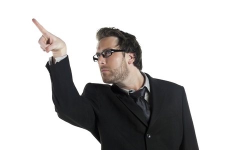 Close-up image of a businessman pointing to the side of a white surfaceの写真素材